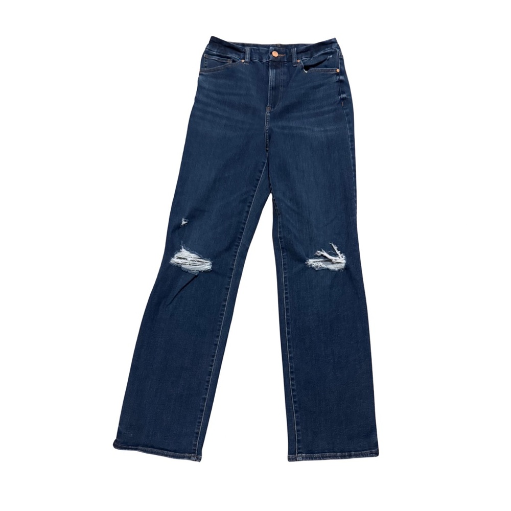 Blue Denim High Rise Straight Stretchy Distressed Jeans